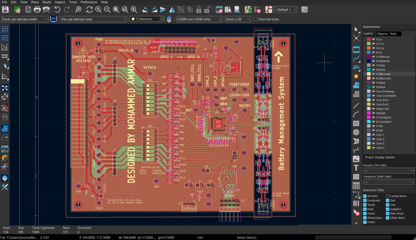 16-Cell Battery Management System PCB Layout